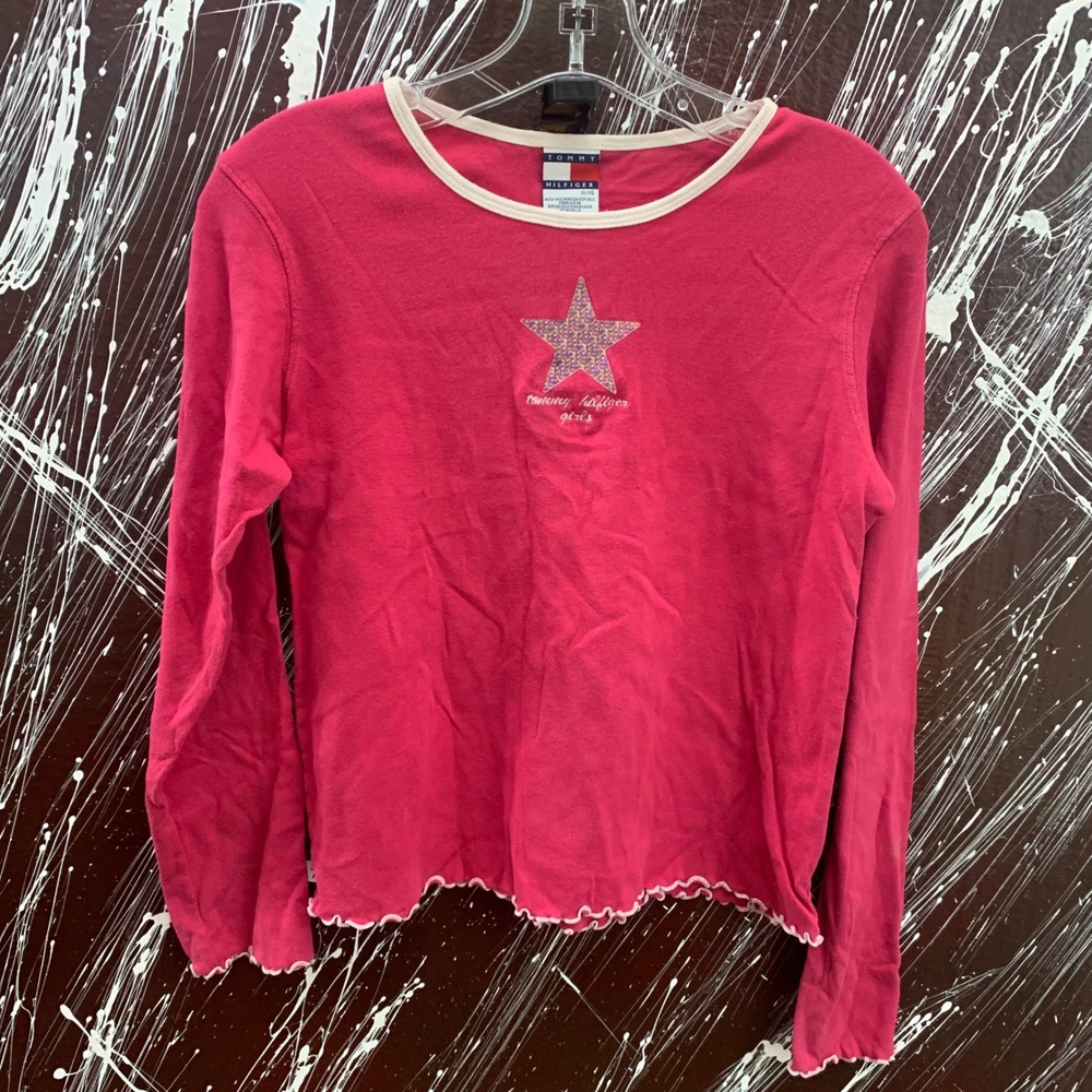Tommy Hilfiger Girls Pink Long Sleeve Star Graphic Lettuce Edge Top XL